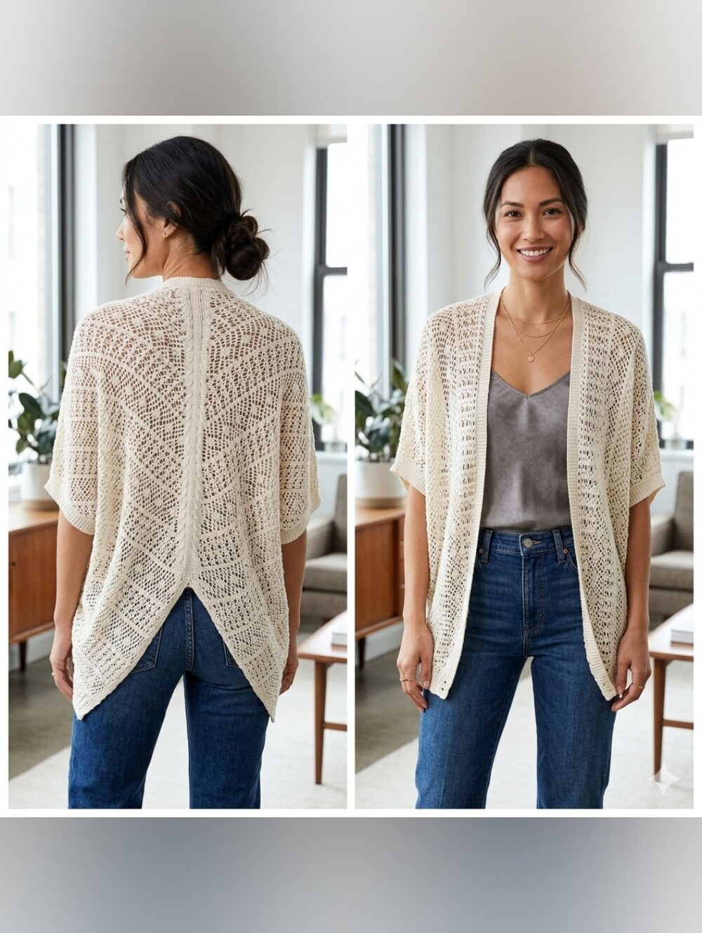 Open-Knit 100% Cotton Cream Short- Dolman Sleeve Boho Cardigan Sweater